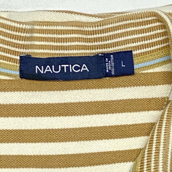 Nautica Short Sleeve Horizonal Stripe Striped Bands 2 Button Polo Shirt Gold L - Picture 10 of 11